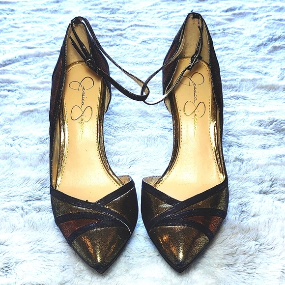 Jessica Simpson Shoes - Jessica Simpson Vindie 8M Metallic Gold and Copper Ankle Strap Platform Heels